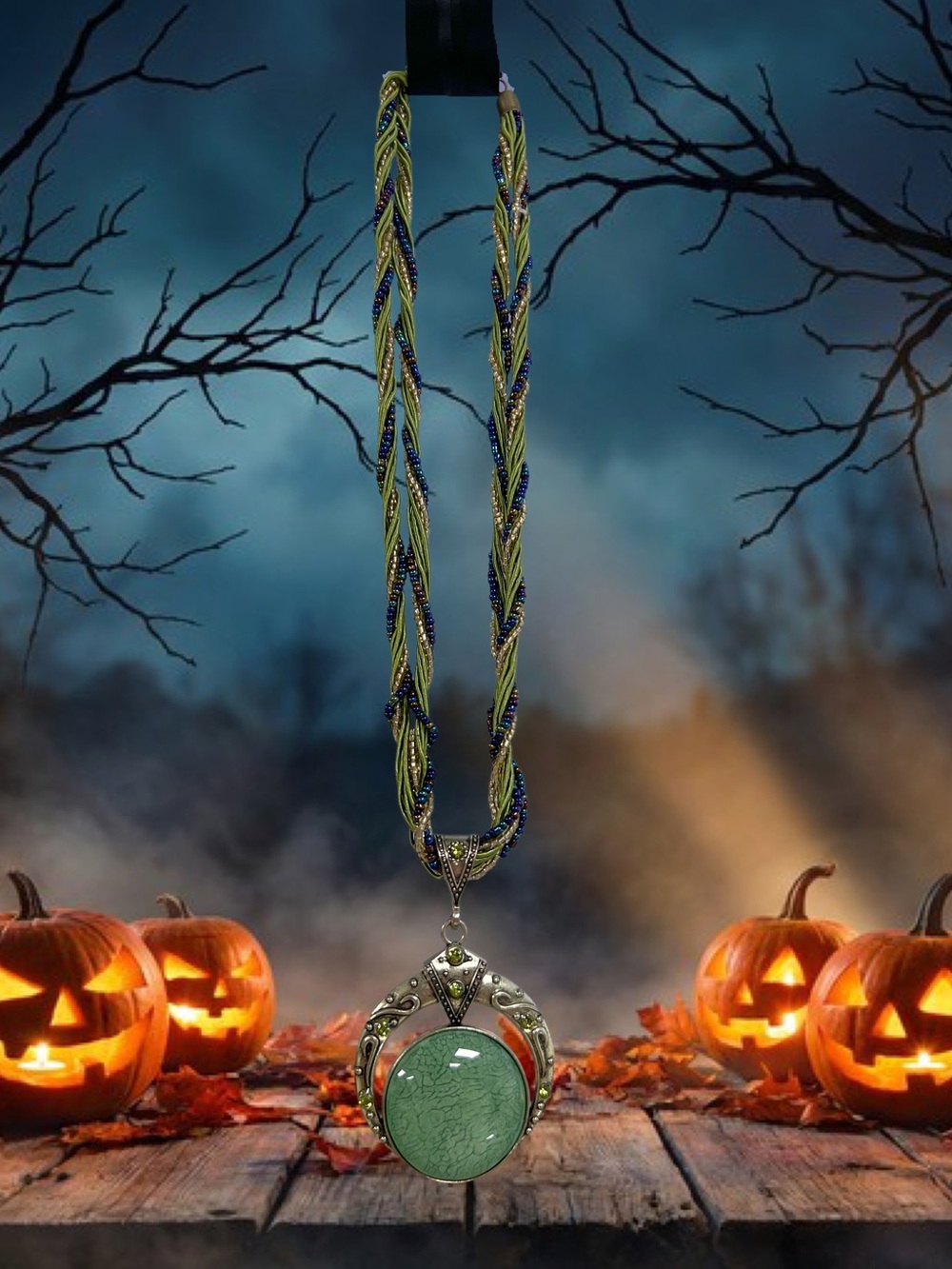 Spooky witchy green and gold beaded crescent moon pendant necklace